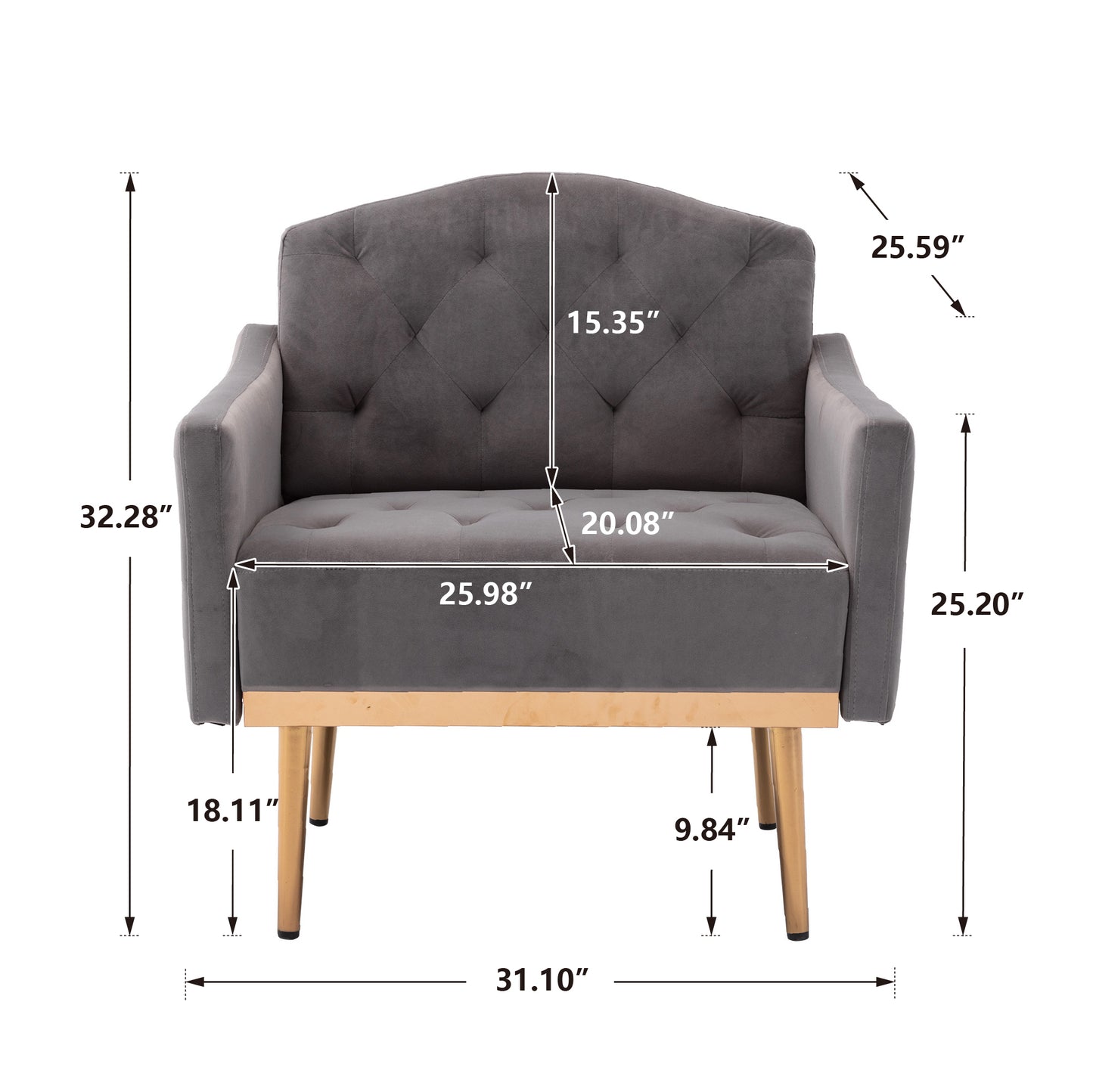 Modern Accent Chair with Arms, Tufted Decorative Fabric Armchair with Gold Metal Legs, Upholstered Reading Chair for Living Room Bedroom Office