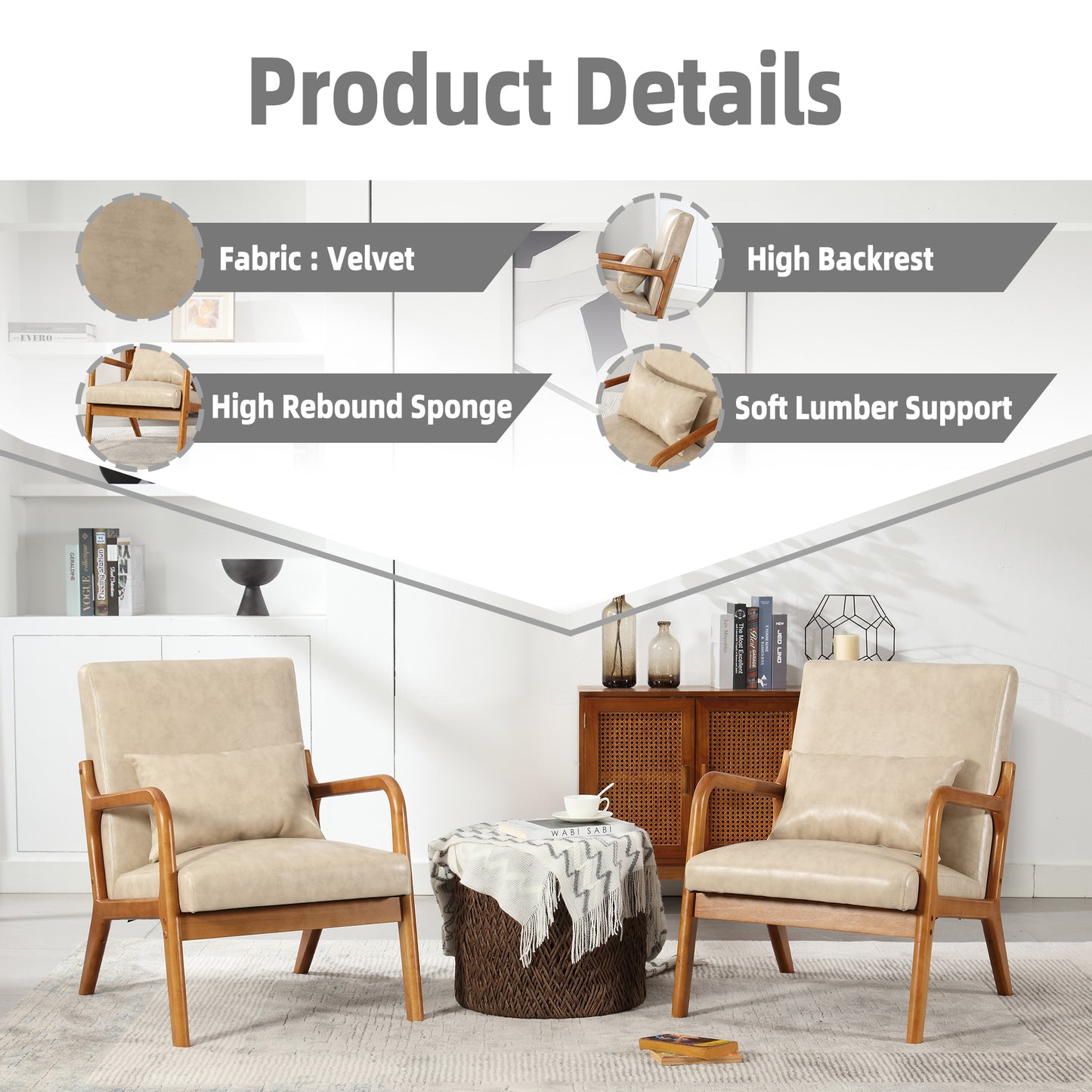 Modern Accent Chair, Solid Wood Padding Lounge Armchairs With One pillow for Living Room, Bedroom, Guest Room (Khaki PU)