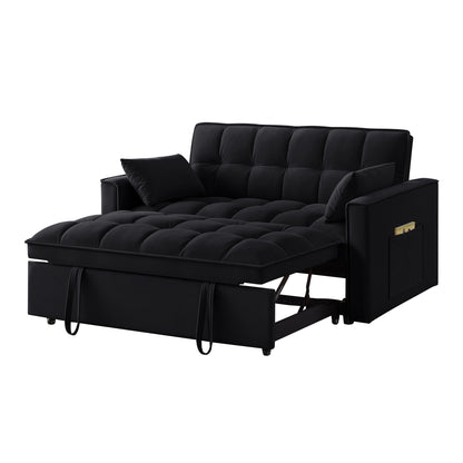 4 in1 Loveseat Sofa Bed with Armrests & Storage Pockets, Multi-Function Tufted Pull-out Sofa Bed with Adjustable Backrest and Pillows, Convertible Loveseat Sofa Couch,Black