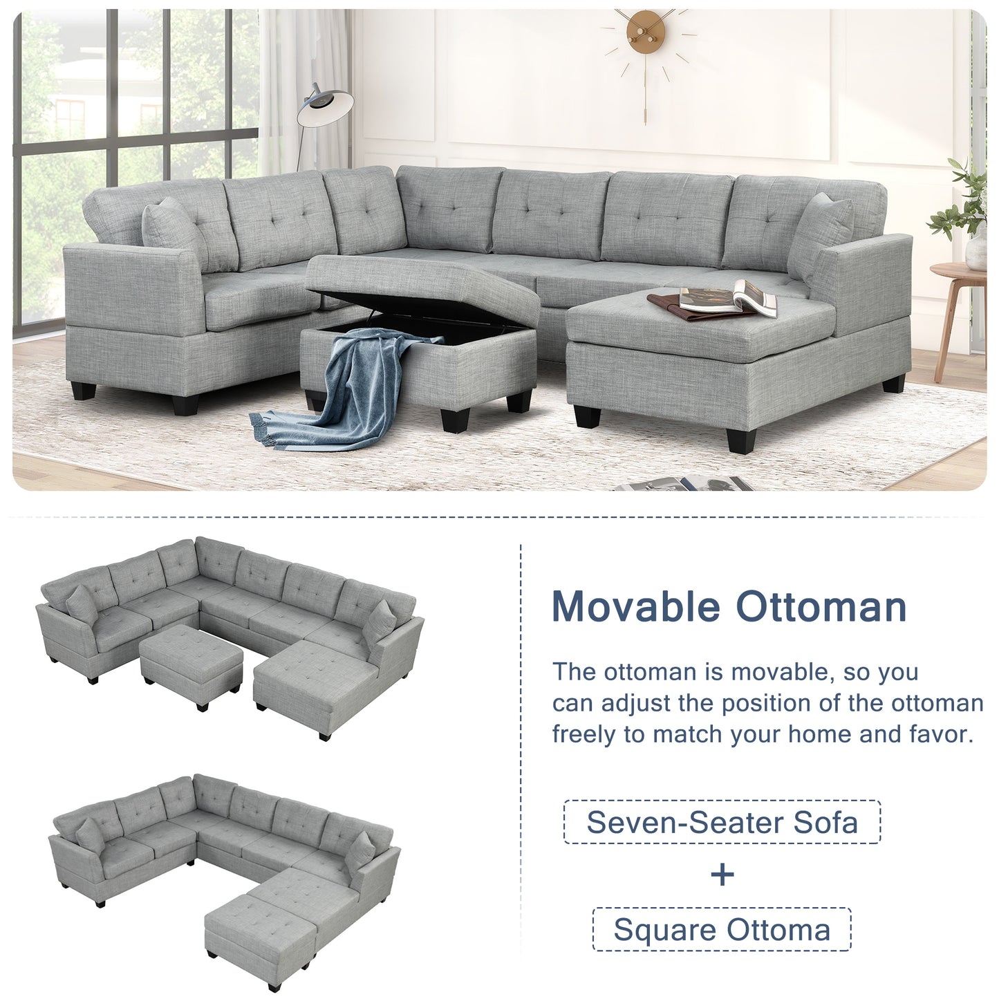 121.3" Oversized Sectional Sofa with Storage Ottoman, U Shaped Sectional Couch with 2 Throw Pillows for Large Space Dorm Apartment