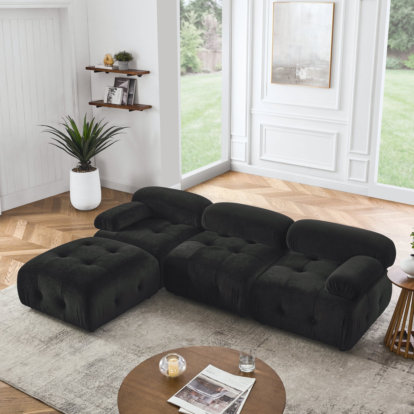 Modular Sectional Sofa, Button Tufted Designed and DIY Combination,L Shaped Couch with Reversible Ottoman, Black Velvet