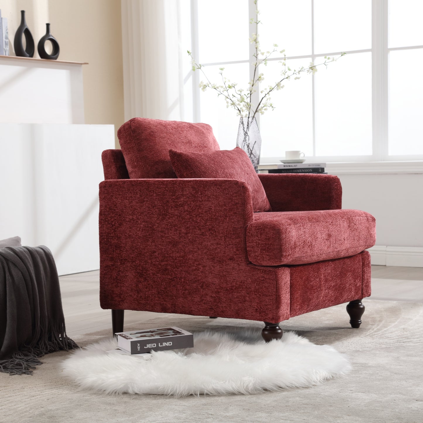 Wood Frame Armchair, Modern Accent Chair Lounge Chair for Living Room,Tufted Club Chair, Mid Century Modern Arm Chairs with Studded, Solid Wood Frame, for Bedroom, Reading(Wine red Chenille)