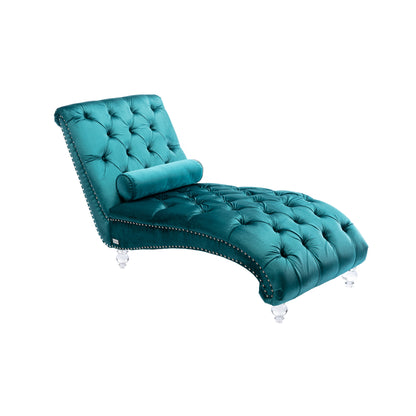 Velvet Chaise Lounge Indoor,Button-Tufted Upholstered Chaise Lounge Chair with Pillow for Bedroom Living Room Office (Teal Velvet)