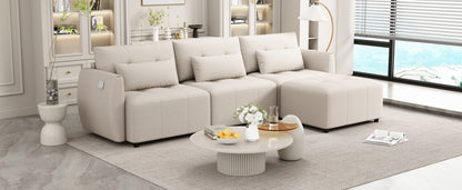 113.3" Convertible Sectional Sofa Couch 3-Seat L-Shaped Sofa with Movable Ottoman and USB for Apartment, Living Room, Bedroom, Beige