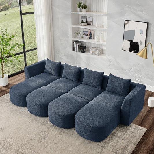 U Shape Sectional Sofa including Two Single Seat, Two Chaises and Two Ottomans, Modular Sofa, DIY Combination, Loop Yarn Fabric, Navy