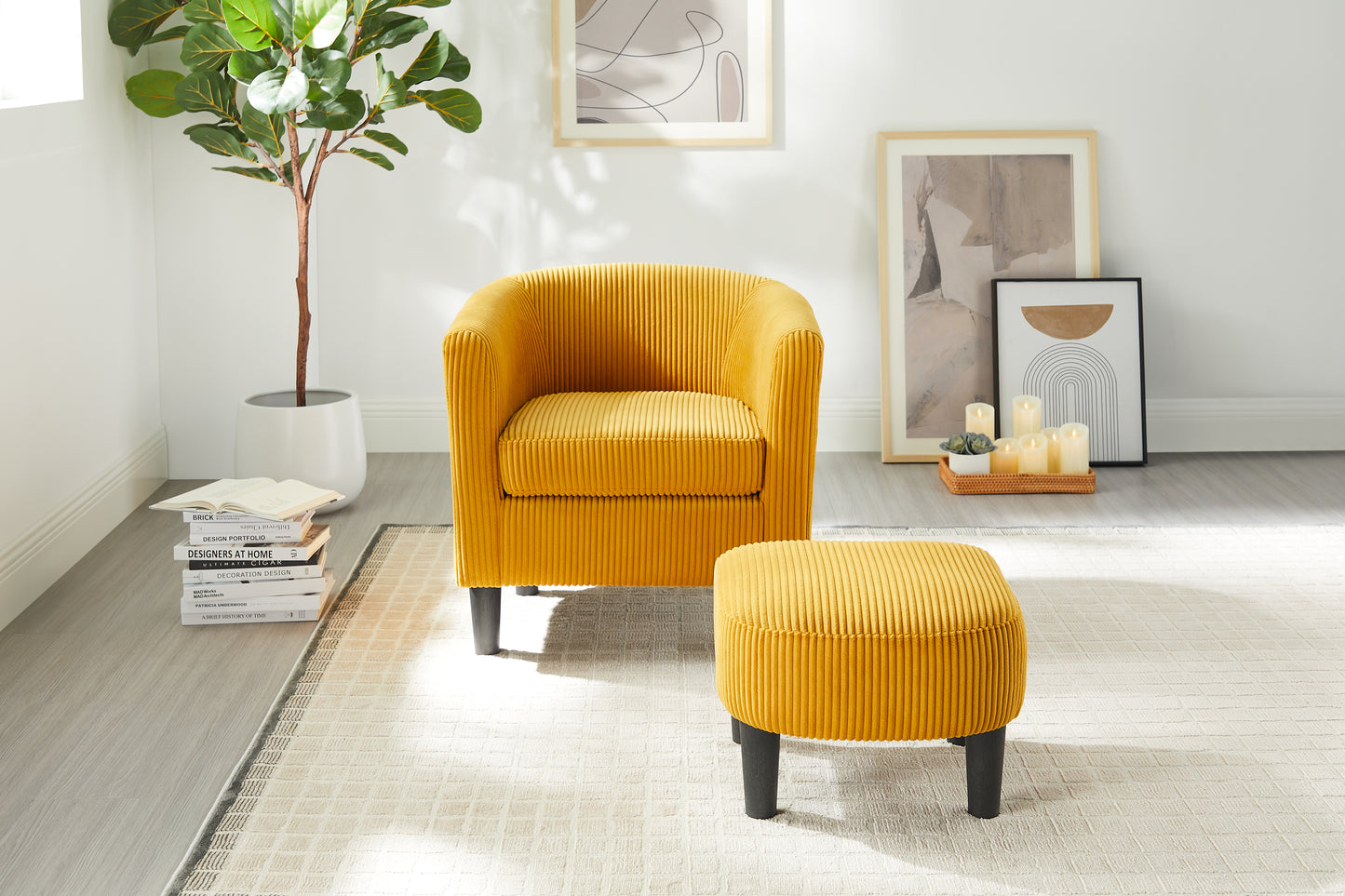 Modern Accent Chair,Upholstered Arm Chair Corduroy Single Sofa Chair with Ottoman Foot Rest Comfy Armchair for Living Room Bedroom and Office,Yellow