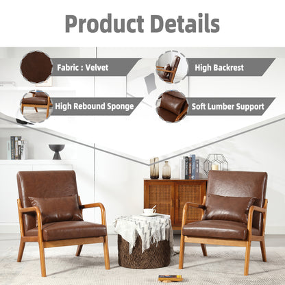 Modern Accent Chair, Solid Wood Padding Lounge Armchairs With One pillow for Living Room, Bedroom, Guest Room (Brown PU)