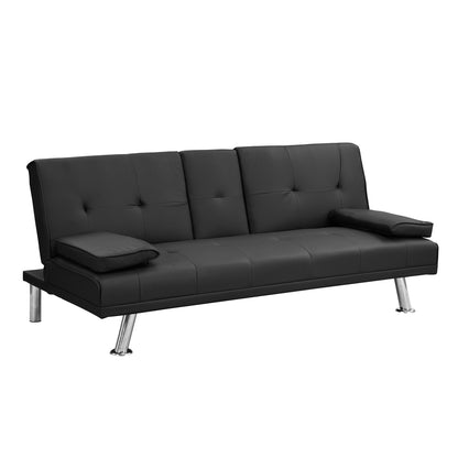 Sofa bed with Armrest two holders WOOD FRAME, STAINLESS LEG, FUTON BLACK PVC