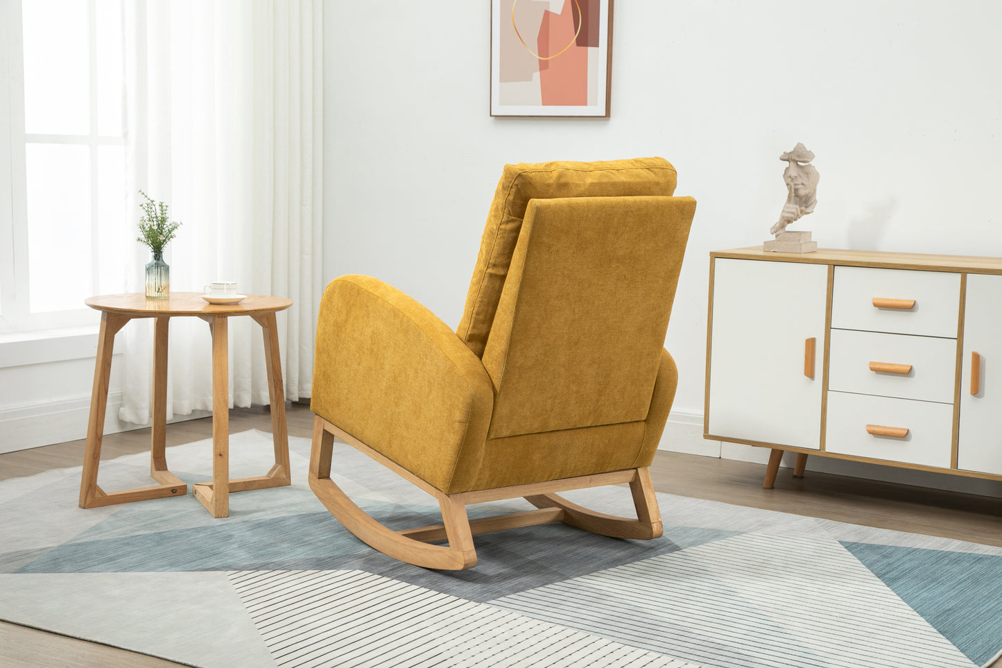 Rocking Chair, Modern Glider Chair, Recliner Armchair with Wood Legs and Side Pocket, Nursery Rocking Accent Chair with High Back for Living Room Bedroom (Mustard Yellow linen)