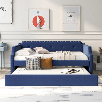 Upholstered Daybed with Trundle, Wood Slat Support,Upholstered Frame Sofa Bed, Twin,Blue