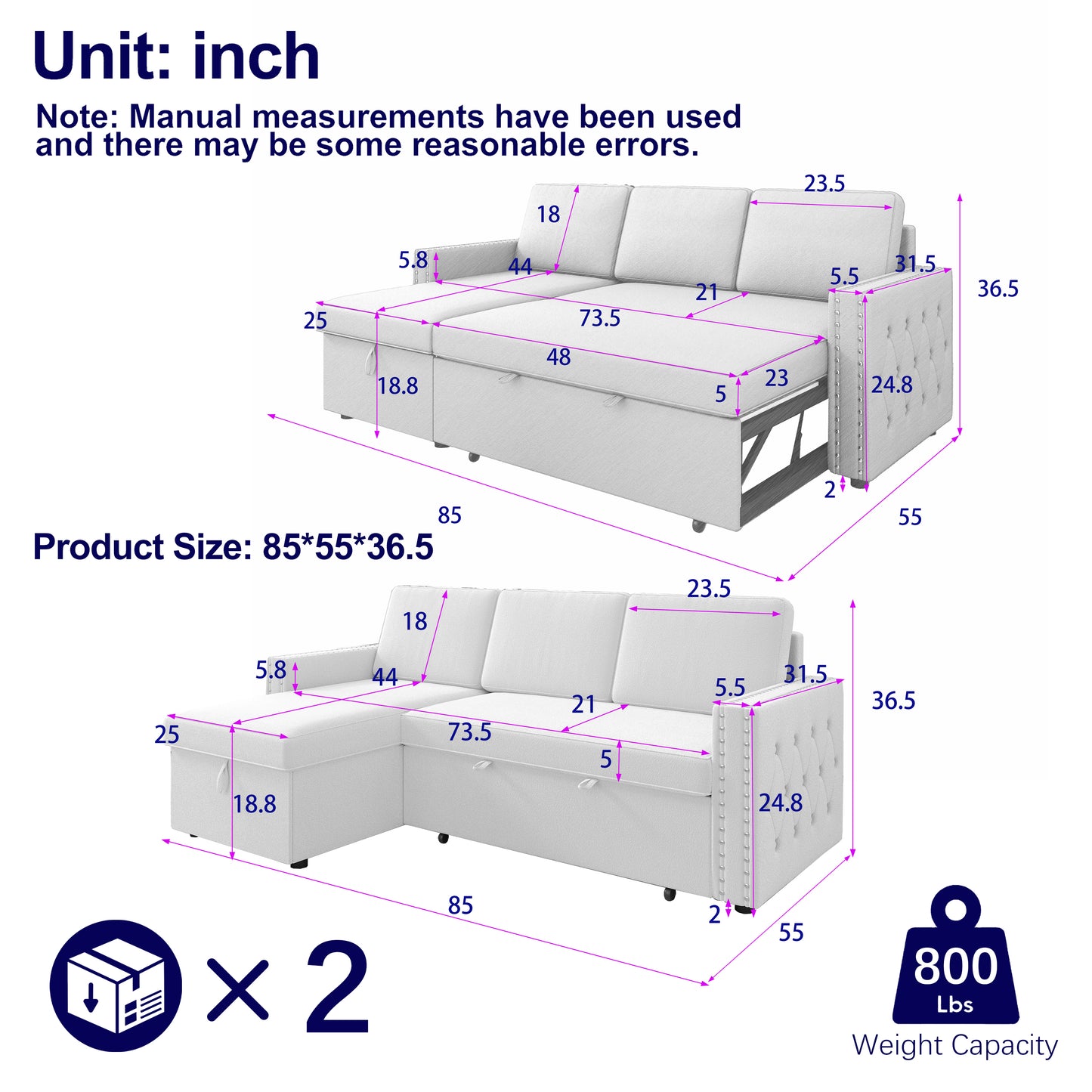 85 Inches Sofa Bed, 3 Seater Sleeper Sofa with Storage Chaise, Square Handrail With Pull and Copper nail,Chenille, Pull Out Couch for Living Room