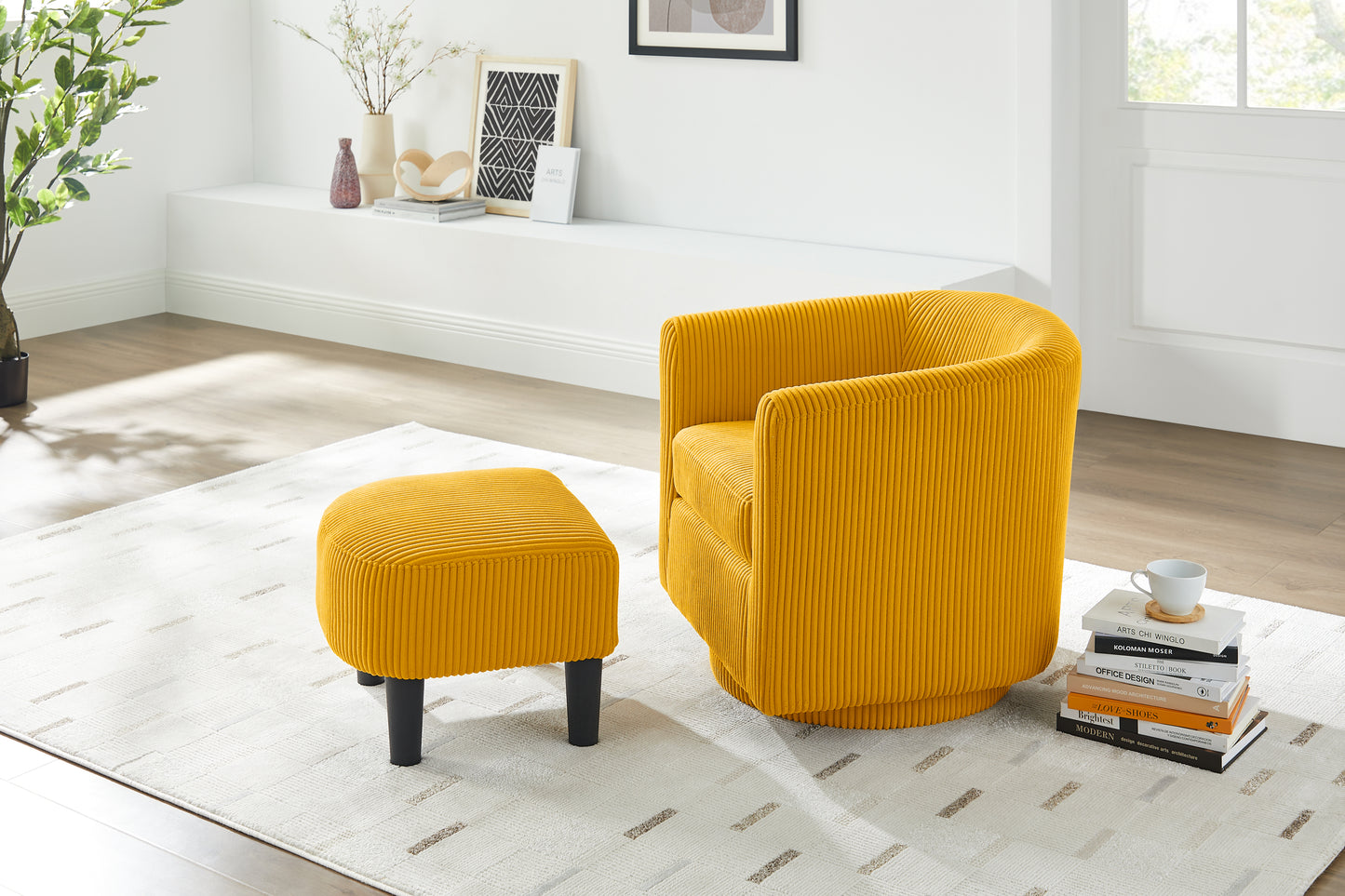 Swivel Accent Chair 360° Comfy Recliner Corduroy Arm Chair Single Sofa with Ottoman for Living Room Bedroom,Yellow