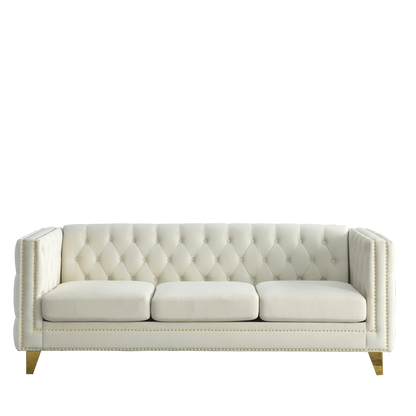 Velvet Sofa for Living Room,Buttons Tufted Square Arm Couch, Modern Couch Upholstered Button and Metal Legs, Sofa Couch for Bedroom, Beige Velvet,2PCS