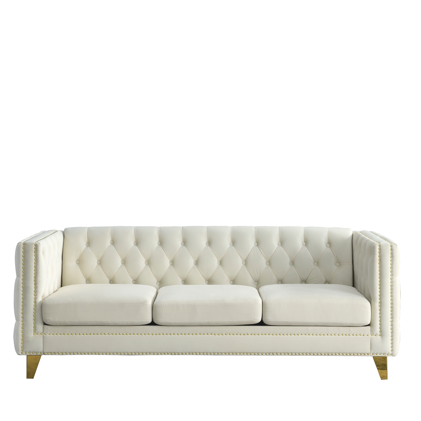 Velvet Sofa for Living Room,Buttons Tufted Square Arm Couch, Modern Couch Upholstered Button and Metal Legs, Sofa Couch for Bedroom, Beige Velvet(W834S00023)