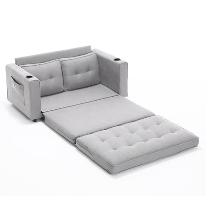 3-in-1 Upholstered Futon Sofa Convertible Sofa bed,Foldable Tufted Loveseat with Pull Out Sleeper Couch Bed,Folding Mattres Love Seat Daybed W/Side Pockets and Cup Holder, Light Gray