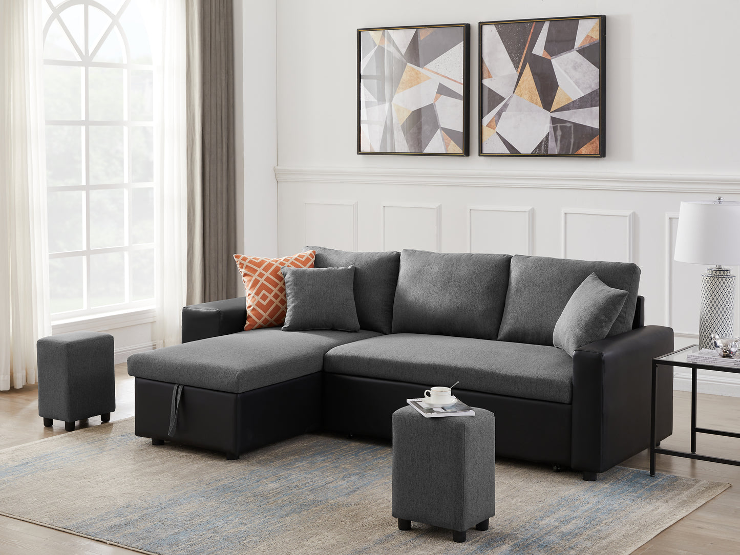 92.5 inchLinen Reversible Sleeper Sectional Sofa with storage and 2 stools Steel Gray