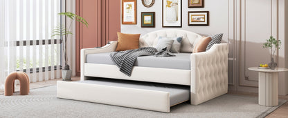 Size Tufted Upholstered Daybed with Trundle,Velvet Sofabed with USB&Type-C Charging Ports,No Box-spring Needed, Beige