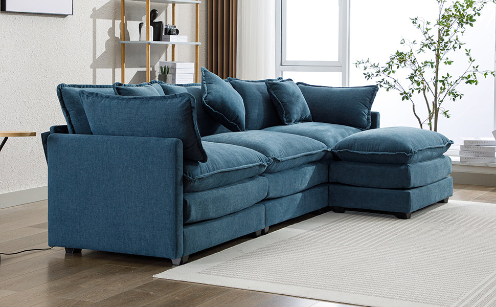 112.2" L-Shape Chenille Upholstered Sofa for Living Room Modern Luxury Sofa Couch with Ottoman, 5 Pillows, Blue