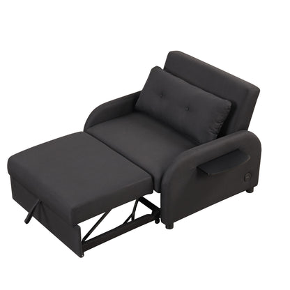 Pull out sofa sleeper 3 in 1 with 2 wing table and usb charge for nap line fabric for living room recreation room Black