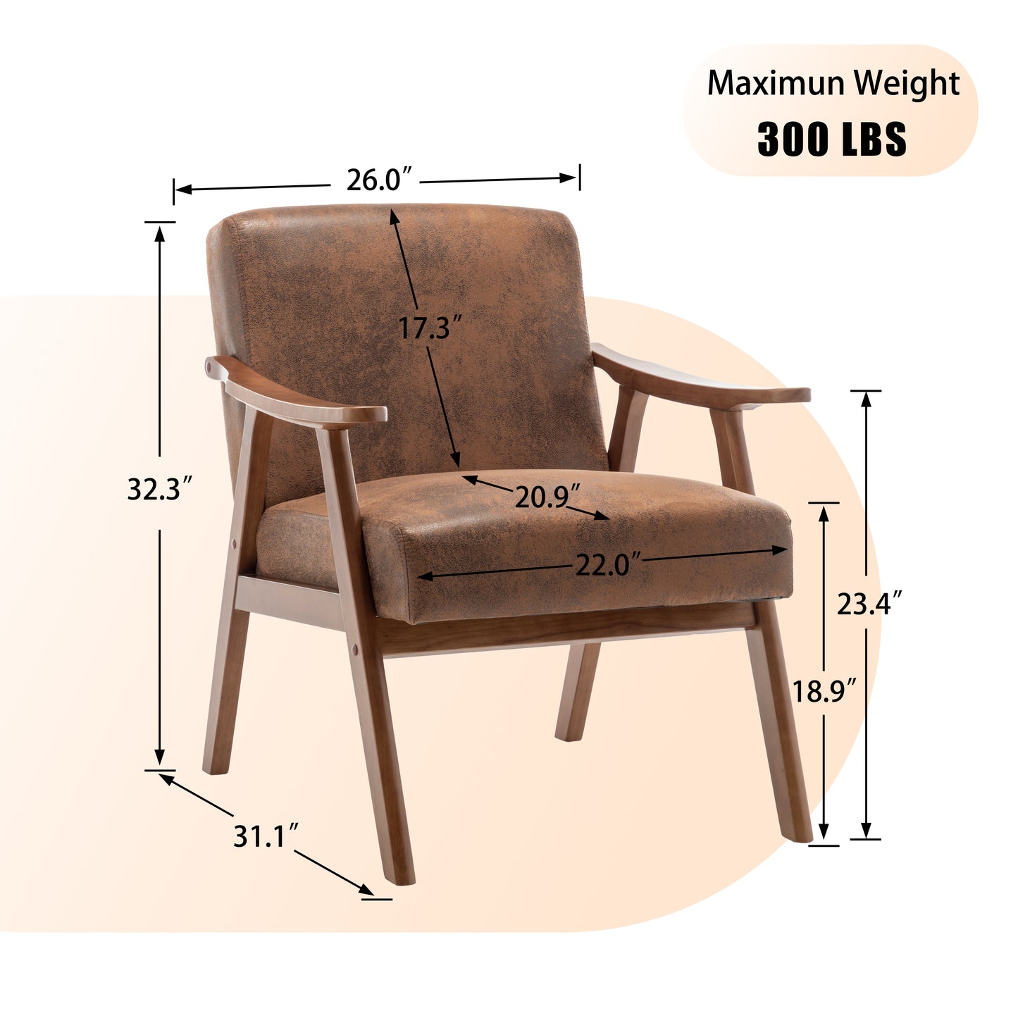 Mid-Century Modern Chair, Living Room Chair with Solid Wood Frame, Accent Chair Extra-Thick Backrest, Wingback Chair for Bedroom, Reading Room, Living Room, Lounge Chair Indoor