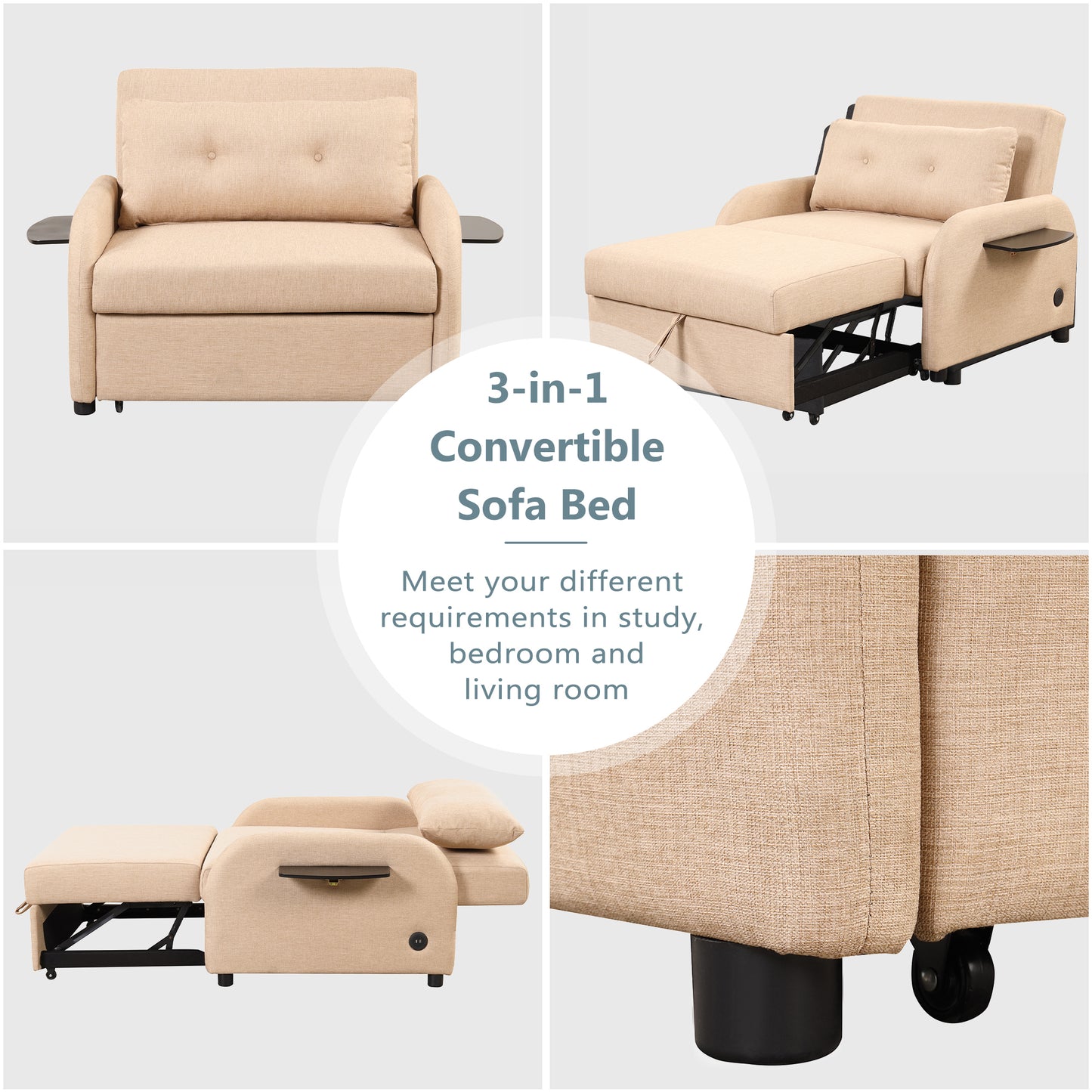 Pull out sofa sleeper 3 in 1 with 2 wing table and usb charge for nap line fabric for living room recreation room Beige