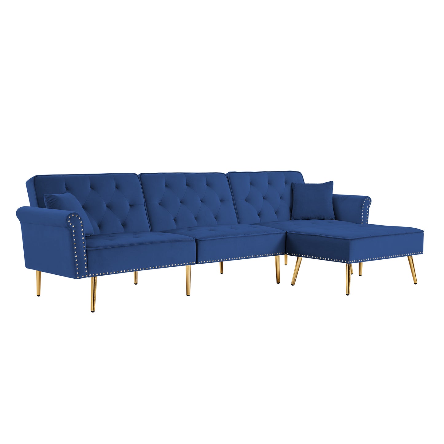 Modern Velvet Upholstered Reversible Sectional Sofa Bed, L-Shaped Couch with Movable Ottoman and Nailhead Trim For Living Room. (Blue)