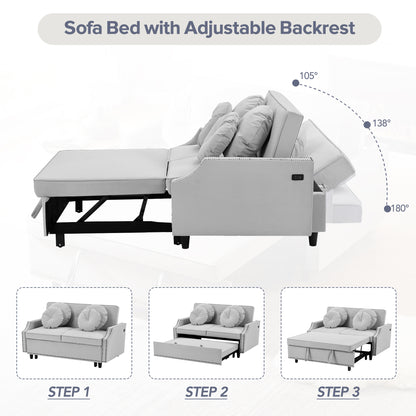 54.7" Multiple Adjustable Positions Sofa Bed Stylish Sofa Bed with a Button Tufted Backrest, Two USB Ports and Four Floral Lumbar Pillows for Living Room, Bedroom,or Small Space, Light Grey