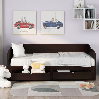 Wooden Daybed with Trundle Bed and Two Storage Drawers, Extendable Bed Daybed,Sofa Bed with Two Drawers, Espresso