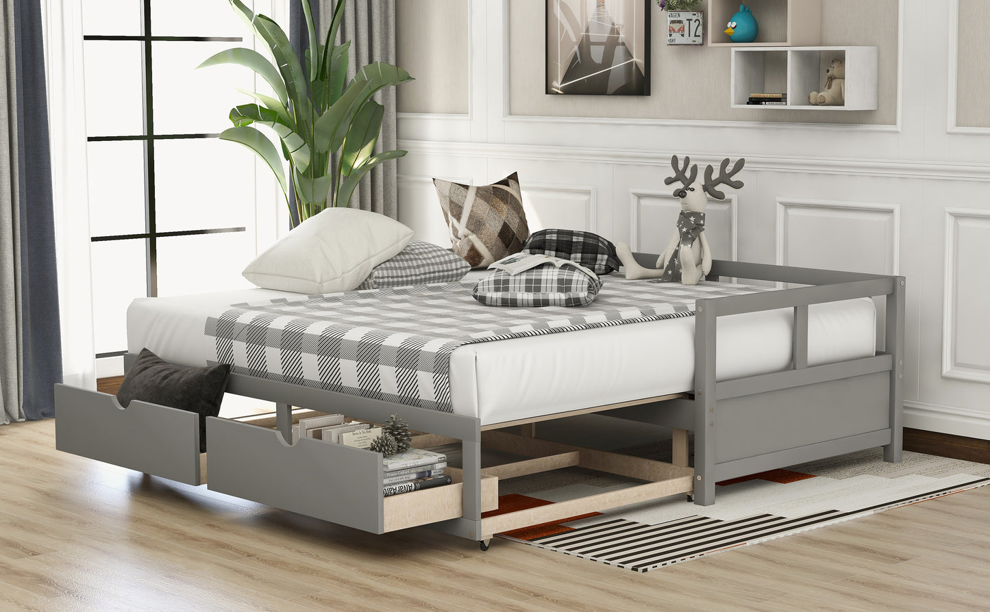 Wooden Daybed with Trundle Bed and Two Storage Drawers, Extendable Bed Daybed,Sofa Bed for Bedroom Living Room, Gray