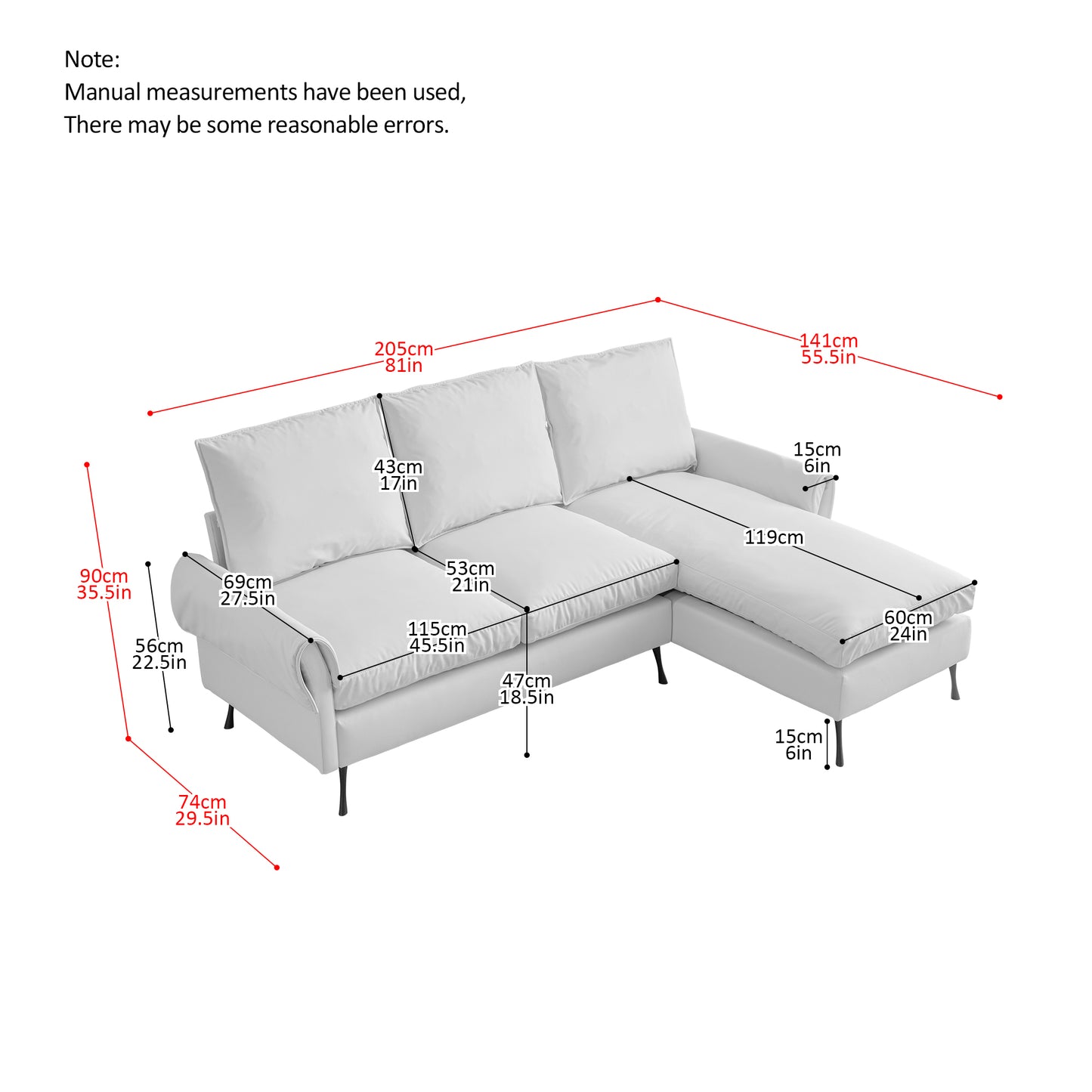 81"Modern Sectional Technical leather L-Shaped Sofa Couch with Reversible Chaise Lounge