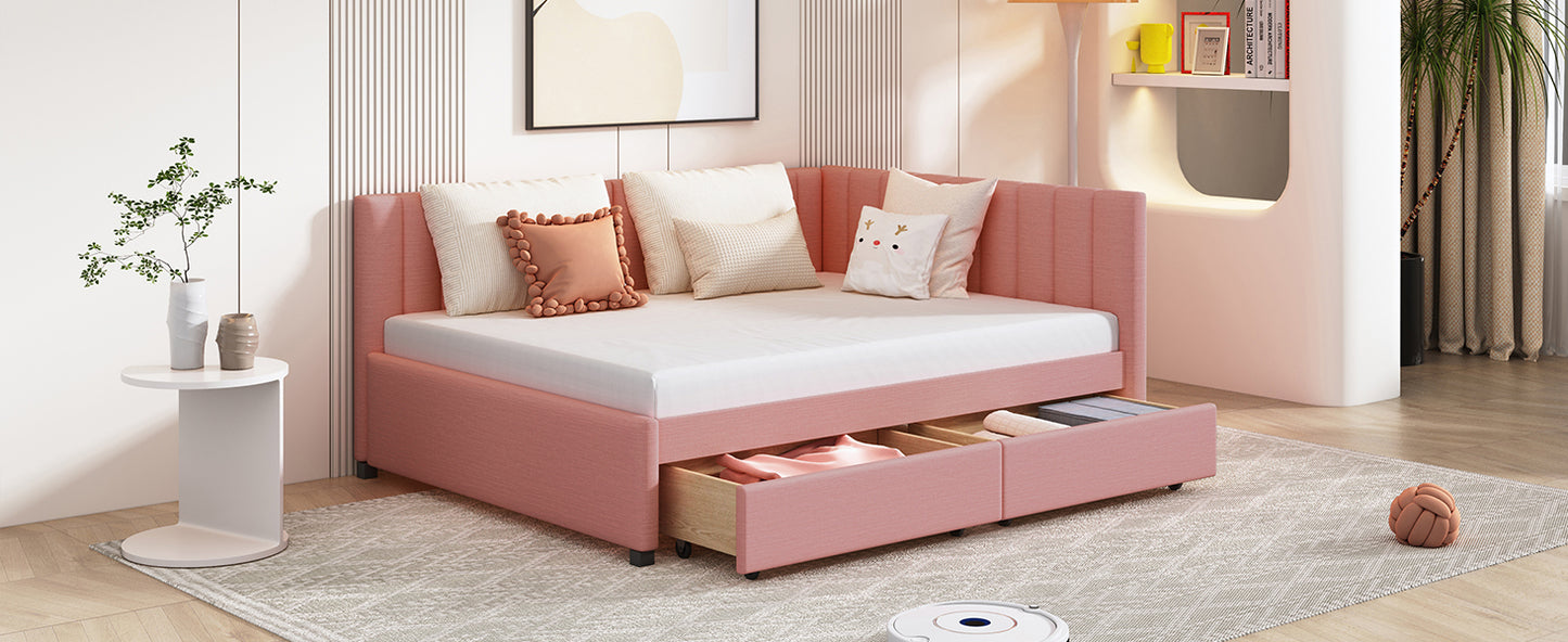 Full Size Upholstered Daybed with 2 Storage Drawers Sofa Bed Frame No Box Spring Needed, Linen Fabric (Pink)