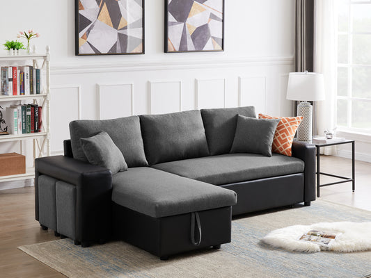 92.5 inchLinen Reversible Sleeper Sectional Sofa with storage and 2 stools Steel Gray