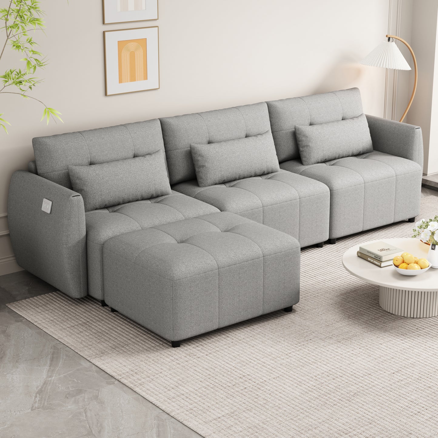 113.3" Convertible Sectional Sofa Couch 3-Seat L-Shaped Sofa with Movable Ottoman and USB for Apartment, Living Room, Bedroom, Grey