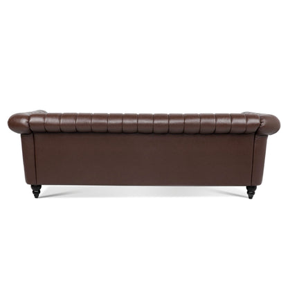 83.46'' Brown PU Rolled Arm Chesterfield Three Seater Sofa.