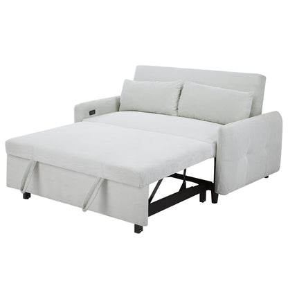 57.48" Pull-out Sofa Bed Convertible Couch 2 Seat Loveseat Sofa Modern Sleeper Sofa with Two Throw Pillows and USB Ports for Living Room, Light Blue