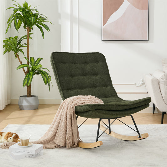 Lazy Rocking Chair,Comfortable Lounge Chair with Wide Backrest and Seat Wood Base, Upholstered Armless Rocker Chair for Living room, Balcony,Bedroom and Patio Porch. (DARK GREEN)