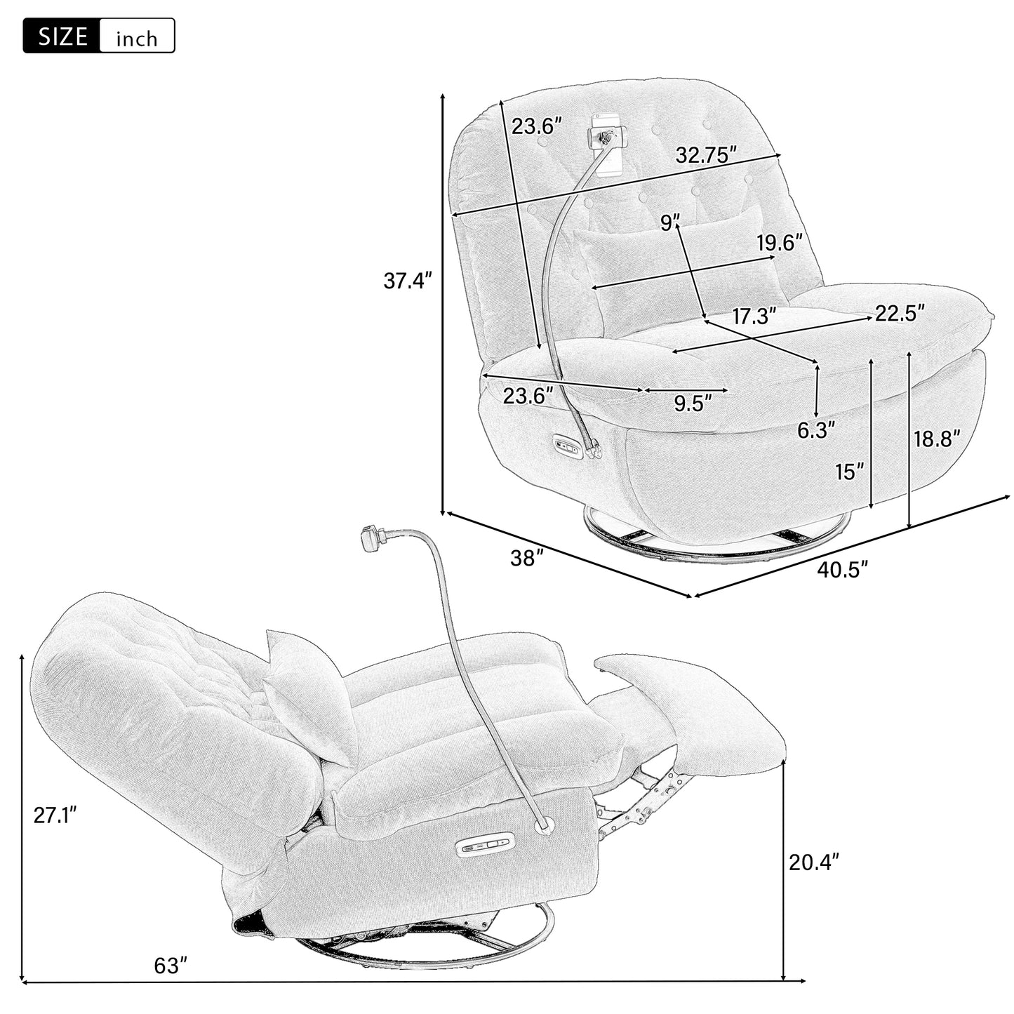 270 Degree Swivel Power Recliner with Voice Control, Bluetooth Music Player,USB Ports, Atmosphere Lamp, Hidden Arm Storage and Mobile Phone Holder for Living Room, Bedroom, Apartment, Yellow