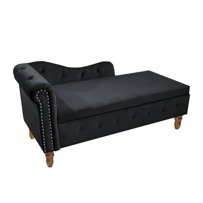 Black Chaise Lounge Indoor,Velvet Lounge Chair for Bedroom with Storage & Pillow,Modern Upholstered Rolled Arm Chase Lounge for Sleeping with Nailhead Trim for Living Room Bedroom Office