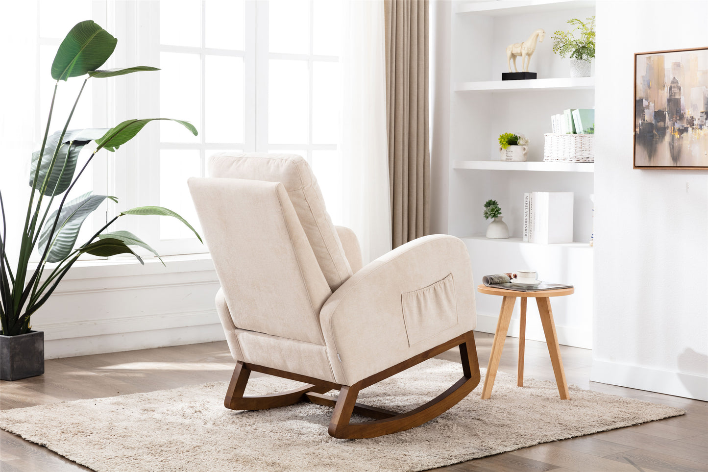 Rocking Chair, Modern Glider Chair, Recliner Armchair with Wood Legs and Side Pocket, Nursery Rocking Accent Chair with High Back for Living Room Bedroom (Beige linen)