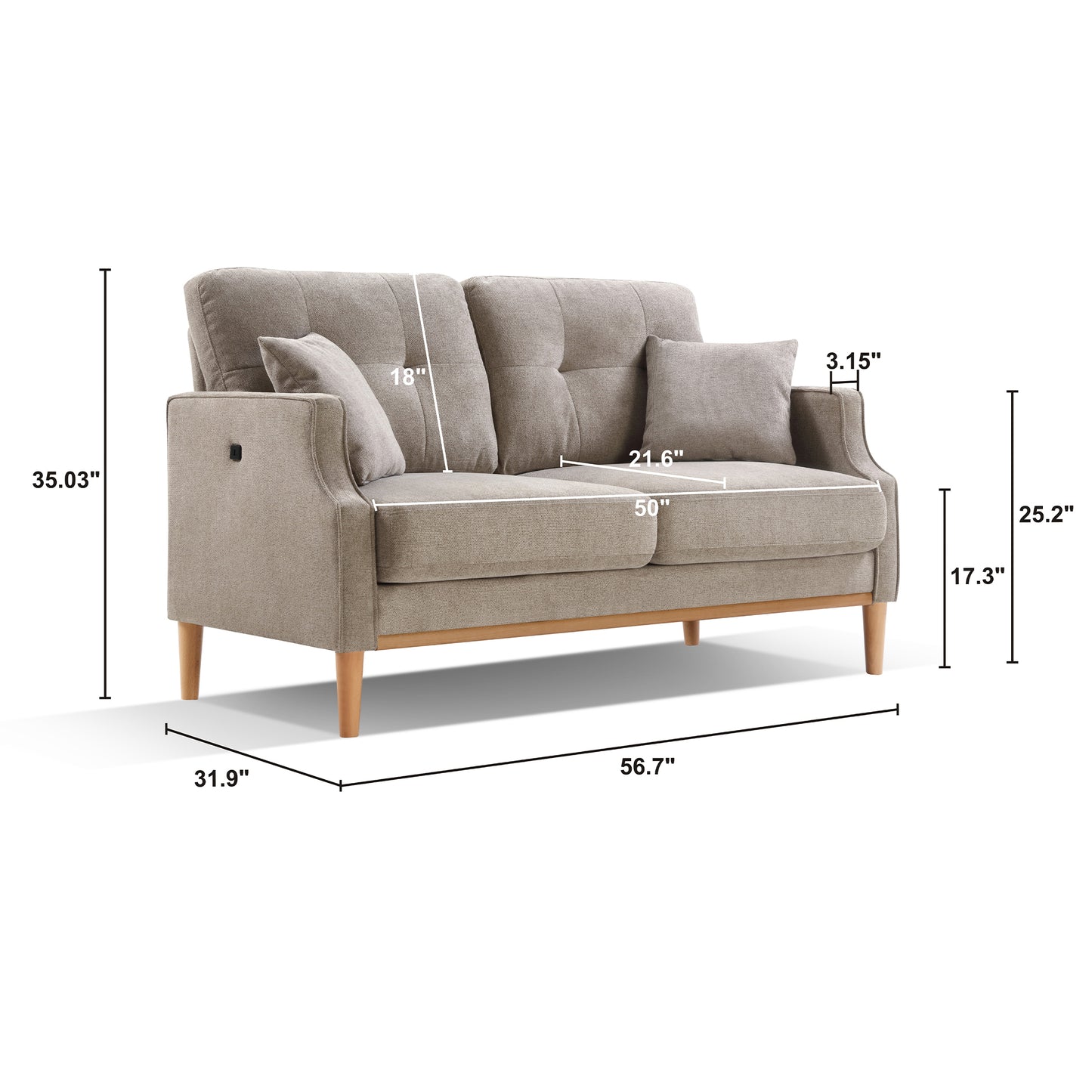 Living Space Sofa 2 Seater,Loveseat With Waterproof Fabric Cream, USB Charge