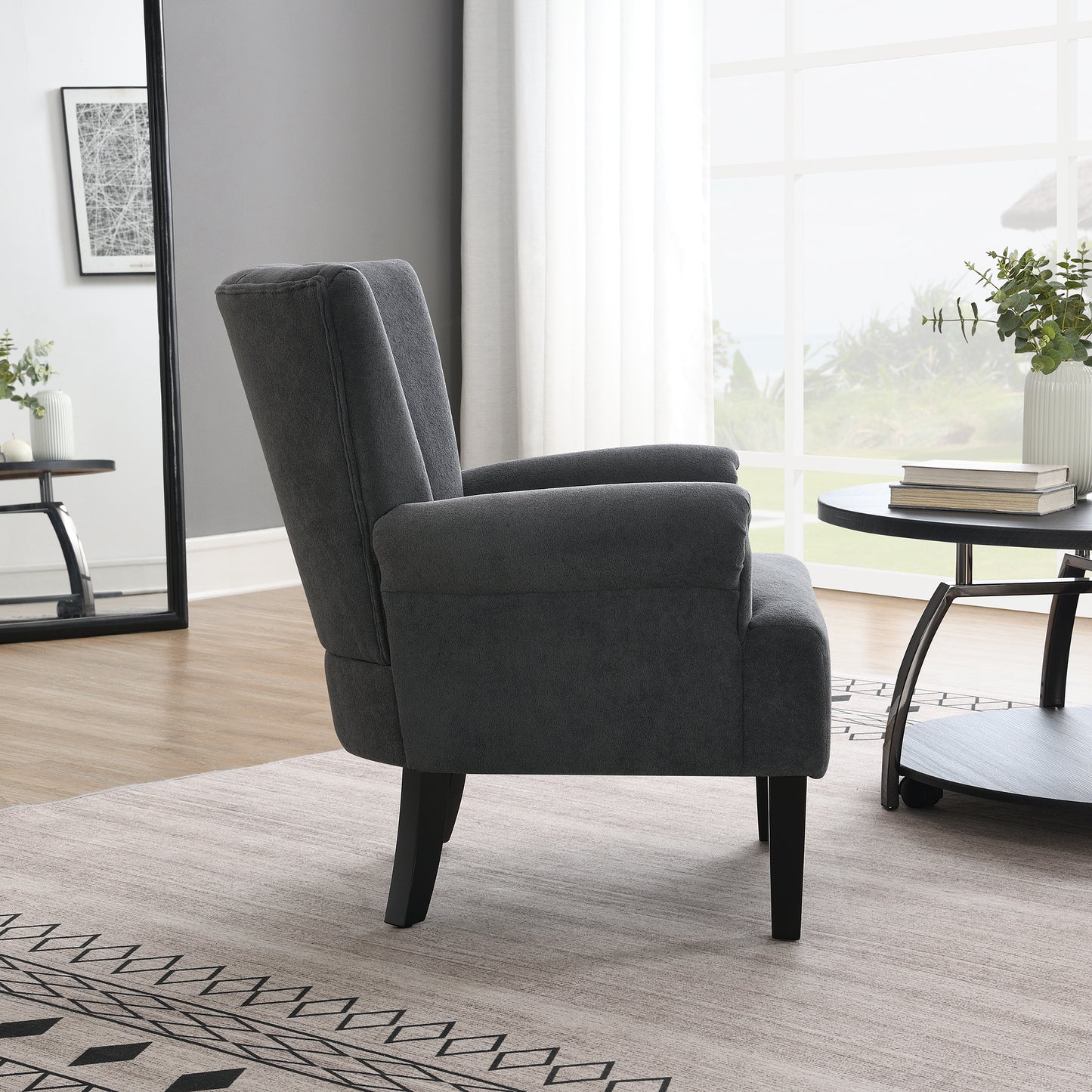 Modern Accent Living Room Chairs,Polyester Armchair Club Chair with channel back, Accent chair for Living room, Bedroom Reading room, soft fabric, wooden Leg, Dark Grey