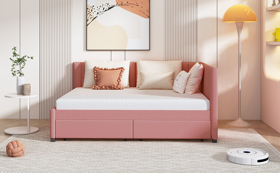 Full Size Upholstered Daybed with 2 Storage Drawers Sofa Bed Frame No Box Spring Needed, Linen Fabric (Pink)