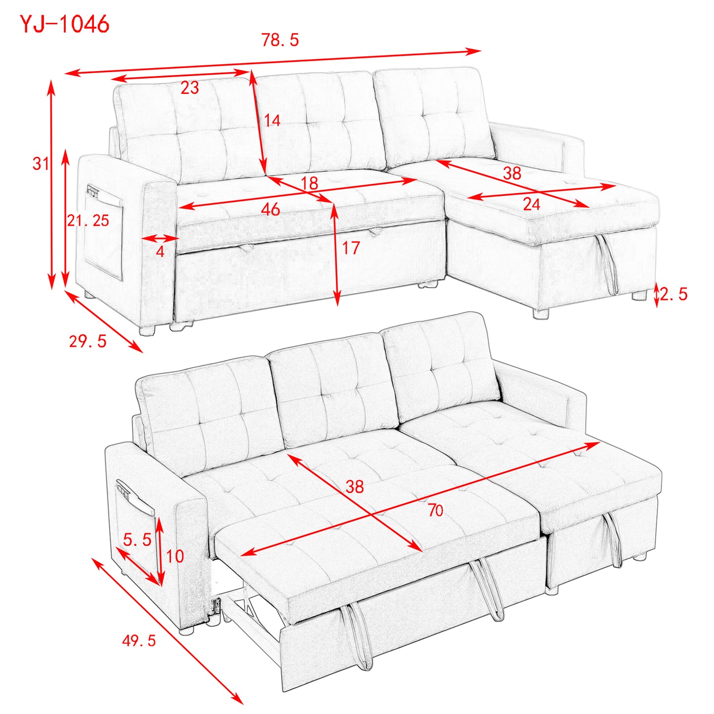 78.5" Sleeper Sofa Bed Reversible Sectional Couch with Storage Chaise and Side storage bag for Small Space Living Room Furniture Set