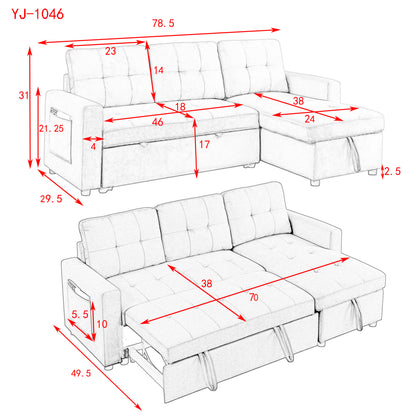 78.5" Sleeper Sofa Bed Reversible Sectional Couch with Storage Chaise and Side storage bag for Small Space Living Room Furniture Set