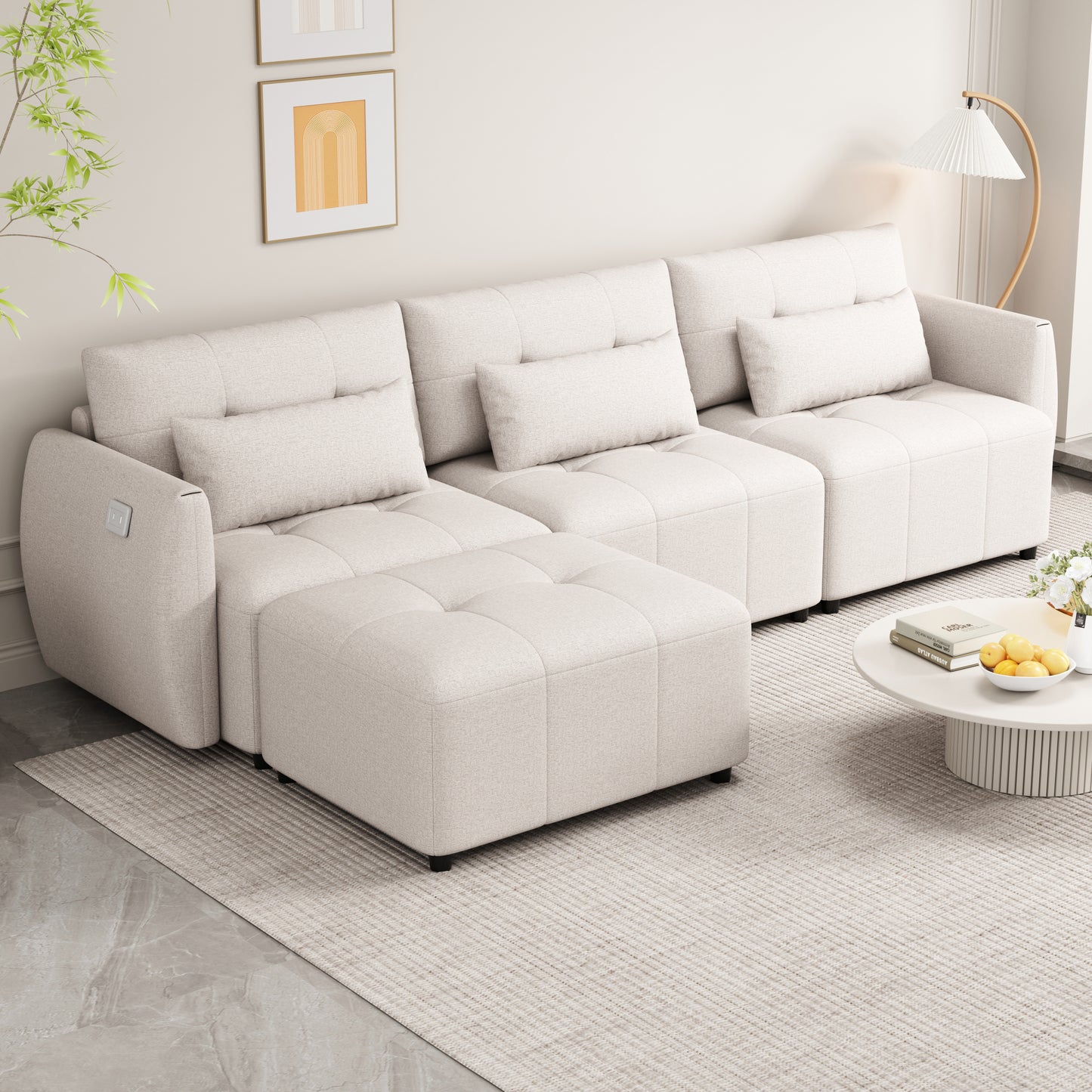 113.3" Convertible Sectional Sofa Couch 3-Seat L-Shaped Sofa with Movable Ottoman and USB for Apartment, Living Room, Bedroom, Beige