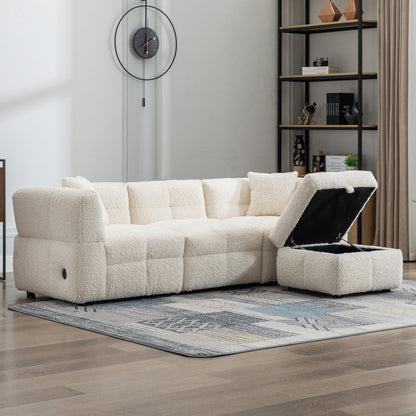 87.7" Sectional Sofa Cozy Teddy Fleece Fabric Sectional Sofa Couch with Two USB Ports a Movable Storage Ottoman and Two Lumbar Pillows for Living Room, Creamy White