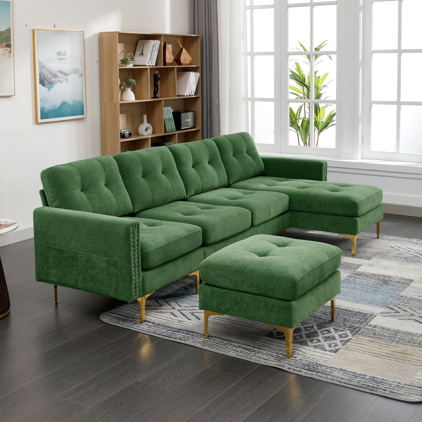 110" L-Shape Convertible Sectional Sofa Couch with Movable Ottoman for Living Room, Apartment, Office, Green