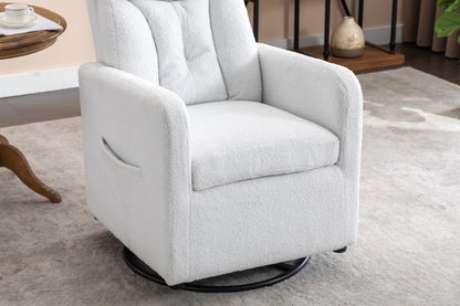 022-Teddy Fabric Swivel Rocking Chair Gilder Chair With Pocket,White