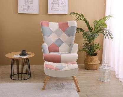 Accent Chair with Ottoman, Living Room Chair and Ottoman Set, Comfy Side Armchair for Bedroom, Creative Splicing Cloth Surface