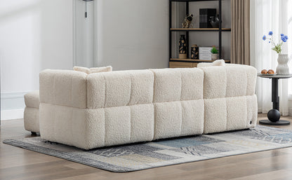 87.7" Sectional Sofa Cozy Teddy Fleece Fabric Sectional Sofa Couch with Two USB Ports a Movable Storage Ottoman and Two Lumbar Pillows for Living Room, Creamy White